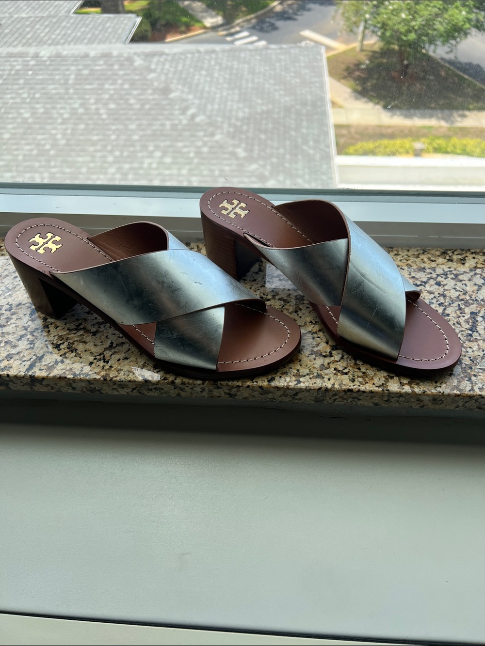 Tory Burch Silver Metallic Crisscross Leather Mules